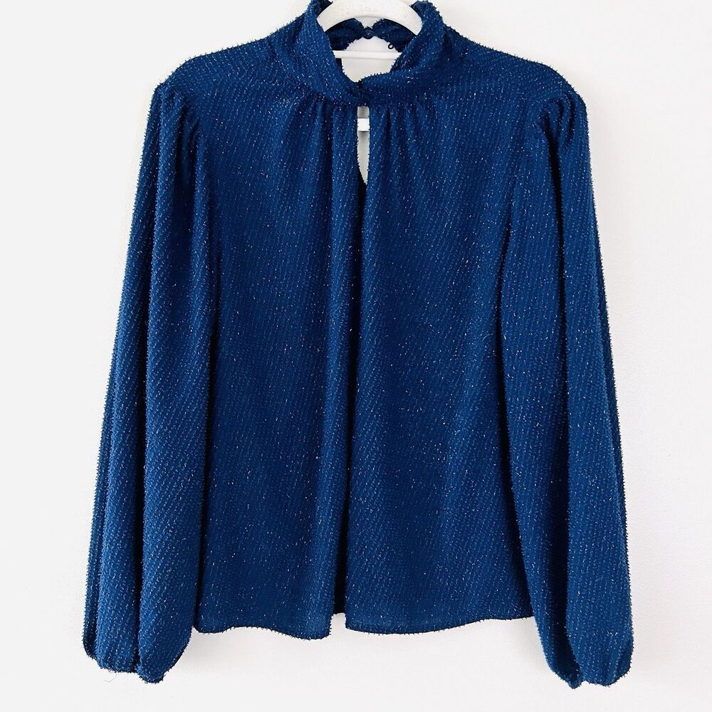 Nine West Navy Blue Twist Neck Shimmery Blouse Flowy Party Date Night - Large